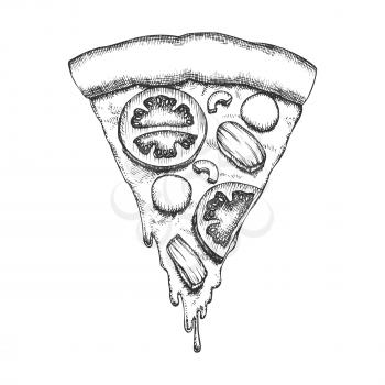 Vegetable Italian Slice Piece Pizza Vintage Vector. Cooked Slice Pizza With Ingredients Mushrooms And Mozzarella Cheese, Tomatoes And Olives Concept. Designed Pizzeria Food Monochrome Illustration