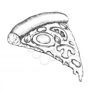 Vegetarian Italian Slice Pizza Vintage Vector. Cooked Slice Cheese Pizza With Ingredients Mushrooms And Eggs, Tomatoes And Basil Leaves Concept. Designed Pizzeria Food Monochrome Illustration