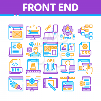 Front End Development Collection Icons Set Vector. Front End It Sphere, Html And Css Code, Internet Web Site Design And Painting Concept Linear Pictograms. Color Contour Illustrations