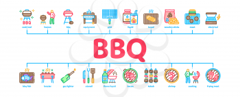 Bbq Barbecue Cooking Minimal Infographic Web Banner Vector. Bbq Fried Meat And Shrimp, Fish And Bacon, Utensil And Gas Lighter, Grid And Wood Stick Illustration