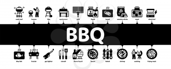 Bbq Barbecue Cooking Minimal Infographic Web Banner Vector. Bbq Fried Meat And Shrimp, Fish And Bacon, Utensil And Gas Lighter, Grid And Wood Stick Illustration
