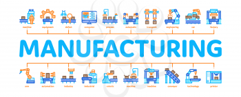 Manufacturing Process Minimal Infographic Web Banner Vector. Manufacturing Conveyor Car And Products, Factory Computer Settings And Robot Arm Illustration