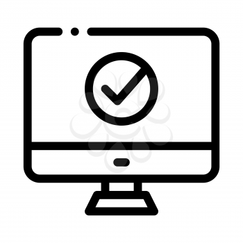 Computer Monitor And Approved Mark Vector Icon Thin Line. Approved Sign On Document File, Protection Shield And Smartphone Display Concept Linear Pictogram. Monochrome Contour Illustration