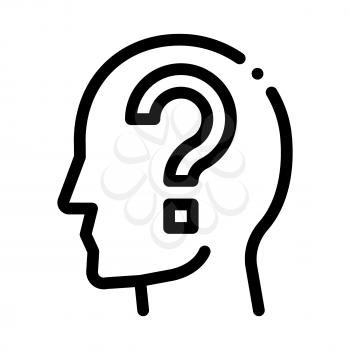 Question Mark In Man Silhouette Mind Vector Icon Thin Line. Gear And Brain, Heart And Shield, Padlock And Coin Concept Linear Pictogram. Black And White Template Contour Illustration