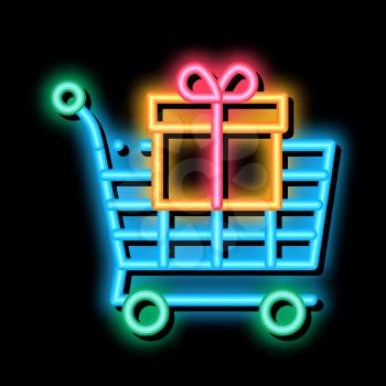 Trolley with Gift neon light sign vector. Glowing bright icon Trolley with Gift sign. transparent symbol illustration