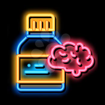 Bottle Pills Brain neon light sign vector. Glowing bright icon Bottle Pills Brain sign. transparent symbol illustration