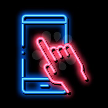 Hand Push Phone neon light sign vector. Glowing bright icon Hand Push Phone sign. transparent symbol illustration