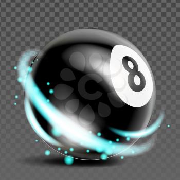 Eight Billiard Ball Sport Game Accessory Vector. Snooker Or Pool Black Ball With Number 8, Sportive Competition. Black Sphere With Abstract Light Template Realistic 3d Illustration