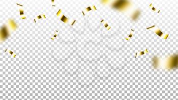 Foil Confetti Party Event Golden Decoration Vector. Falling Decorative Glitter Foil Confetti, New Year Celebration Flying Ribbons. Ornamental Festival Accessory Template Realistic 3d Illustration