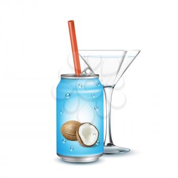 Soda Water With Coconut Taste And Glass Vector. Delicious Sweet Drink Blank Metallic Package With Straw. Refreshing Beverage Juice Container With Condensation Drop Template Realistic 3d Illustration