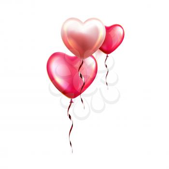 Air Balloons In Heart Form With Ribbon Vector. Fly Helium Inflated Balloons In Love Symbol Form, Beautiful Gift On Valentine Day Or Birthday Party. Romantic Decorate Template Realistic 3d Illustration