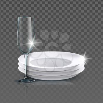 Clean Plates And Wineglass Kitchenware Vector. Washed Blank Ceramic Plates And Wine Glass. Kitchen Utensil For Eating Meal Food And Drinking Beverage Template Realistic 3d Illustration