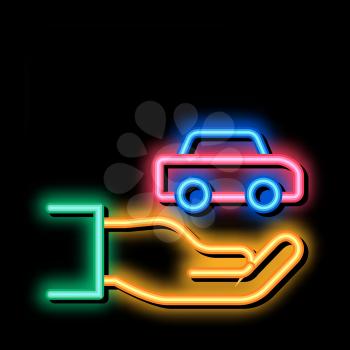 Hand Holding Car neon light sign vector. Glowing bright icon Hand Holding Car isometric sign. transparent symbol illustration