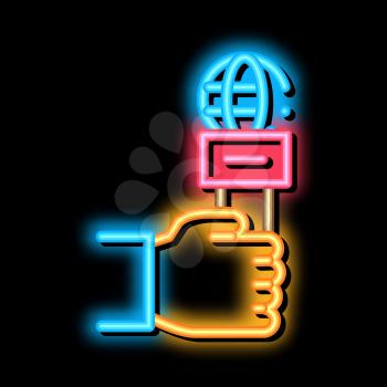 Hand Microphone neon light sign vector. Glowing bright icon Hand Microphone isometric sign. transparent symbol illustration