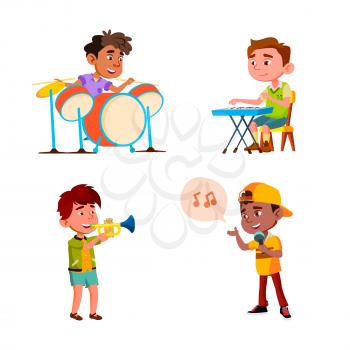 Kids Boys Playing In Music Orchestra Set Vector. Children Play In Music Orchestra And Singing Song Together. Characters Performing On Musician Instrument Flat Cartoon Illustrations