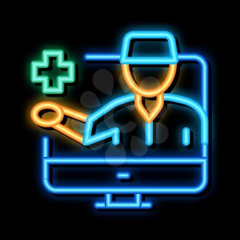 Online Doctor neon light sign vector. Glowing bright icon Online Doctor sign. transparent symbol illustration