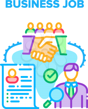 Business Job Relationship Vector Icon Concept. Searching Candidate On Job, Researching Cv, Recruitment New Employee In Company After Interview And Introduce Colleague For Team. Color Illustration