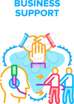 Business Support And Advise Vector Icon Concept. Online Business Support And Adviser Consultation, Team Work And Businessman Help In Competition. Cooperation And Partnership Color Illustration