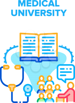 Medical University Education Vector Icon Concept. Students Studying Medical University, Reading Medicine Educate Book With Pharmacy Information And Treatment Disease Color Illustration