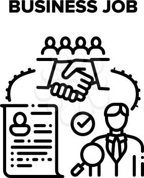 Business Job Relationship Vector Icon Concept. Searching Candidate On Job, Researching Cv, Recruitment New Employee In Company After Interview And Introduce Colleague For Team. Black Illustration