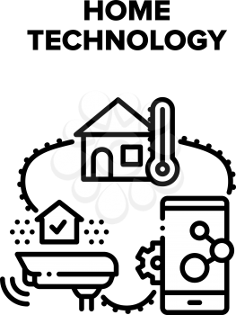 Home Technology Vector Icon Concept. Smart Home Technology Control Climate In House And Security System Connect With Smartphone Application. Cctv Camera Surveillance Device Black Illustration
