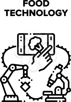 Food Technology Vector Icon Concept. Food Technology Production And Researching Quality With Laboratory Microscope. Factory Robotic Arm On Conveyor, Choosing Nutrition On Smartphone Black Illustration