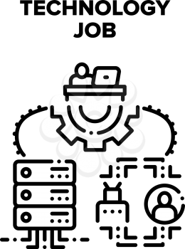 Technology Job Vector Icon Concept. Programmer It Worker Developing Software Code On Computer At Working Desk, Programming Robot And Support Server Technology Job Black Illustration