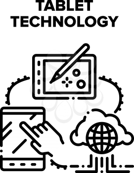 Tablet Technology Device Vector Icon Concept. Digital Tablet Technology With Cloud Storaging Service For Drawing Images And Communication. Portable Electronic Computer Black Illustration