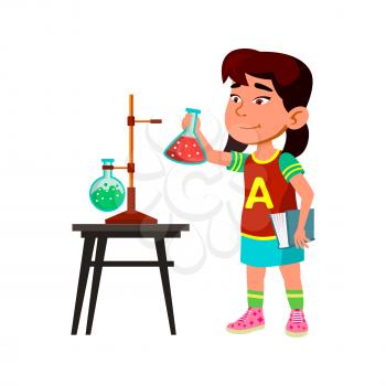 Girl Child Study On Chemistry School Lesson Vector. Asian Schoolgirl Developing And Testing Chemical Liquid In Flask And Studying In Chemistry Laboratory. Character Kid Flat Cartoon Illustration