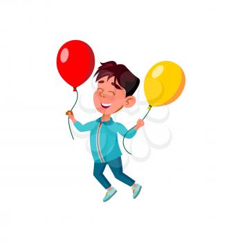 Boy Child Jumping With Helium Balloons Vector. Happiness Asian Little Kid Jump And Play With Inflated Air Balloons. Character With Positive Emotion Resting With Gift Flat Cartoon Illustration