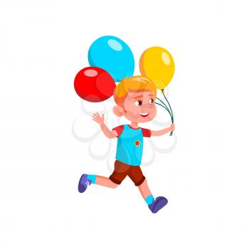 Boy Running With Helium Balloons At Party Vector. Caucasian Schoolboy Kid Run With Multicolored Air Balloons Bunch For Celebrate Birthday. Character Infant Funny Time Flat Cartoon Illustration
