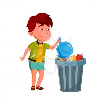 Boy Child Throwing Rubbish Into Dustbin Vector. Preteen Kid Throw Rubbish In Bin Container, Housekeeping And Helping. Character Infant Putting Garbage In Dumpster Flat Cartoon Illustration