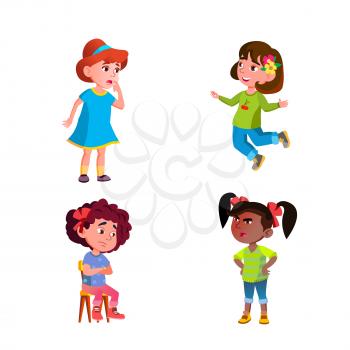 Girls Children Different Emotions Mood Set Vector. Happy Jumping And Angry Shouting At Friend, Thoughtful And Sad, Surprised And Scary Kids Emotions. Characters Expression Flat Cartoon Illustrations