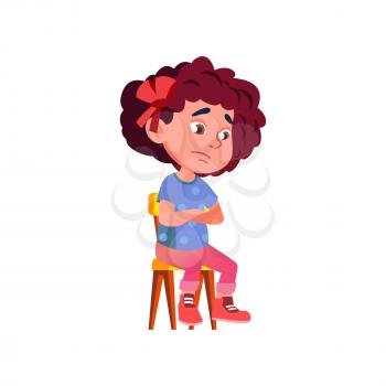 Sad Emotion Girl Child Sitting On Chair Vector. Punished Cute Little Kid With Sadness Mood Thinking About Behavior. Thoughtful Character Think About Problem Flat Cartoon Illustration