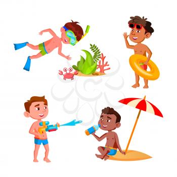 Boys Kids Vacation Activity On Beach Set Vector. Children Swimming In Sea With Lifebuoy And Researching Underwater World, Drink Juice And Playing With Water Gun. Characters Flat Cartoon Illustrations