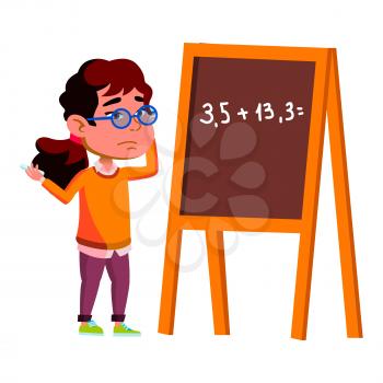 Thoughtful Girl Kid Search Problem Decision Vector. Confused Thoughtful Schoolgirl Searching Solution Of Mathematics Exercise. Character Educational Time At School Flat Cartoon Illustration