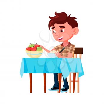 Boy Kid Eating Porridge And Apple At Table Vector. Child Sitting At Desk And Taste Delicious Vitamin Breakfast Food With Fruit. Character Enjoying Healthy Meal Flat Cartoon Illustration