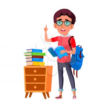 Schoolgirl Scientist Reading Education Book Vector. Caucasian School Girl Scientist Researching Educational Literature In Library. Character Preteen Lady Knowledge Flat Cartoon Illustration