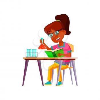 School Girl Scientist Making Experiment Vector. Indian Schoolgirl Reading Book And Make Chemical Experiment Test With Laboratory Glass Equipment. Character Flat Cartoon Illustration