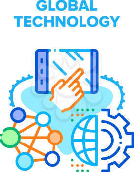 Global Technology Vector Icon Concept. Global Technology For Worldwide Communication And Online Video Call, User Using Digital Tablet Gadget For Network Connection Color Illustration