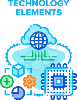 Technology Elements Vector Icon Concept. Microchip Processor Computer Part And Software Developing Occupation, Cloud Storage Digital Service, Technology Elements Color Illustration
