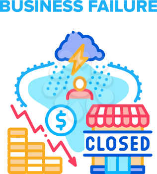 Business Failure Vector Icon Concept. Business Failure Company Problem, Falling Financial Income And Increasing Expense. Closed Store And Bankruptcy. Stressed Businessman Color Illustration