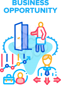 Business Opportunity Vector Icon Concept. Business Opportunity And Choosing Company Way, Entrepreneur Increase Wealth And Profit. Businessman Possibility Opening Door Color Illustration