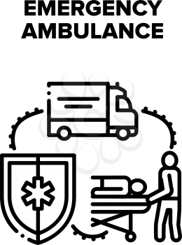 Emergency Ambulance Vector Icon Concept. Emergency Ambulance Paramedic Team Moving Patient On Stretcher In Car For Transportation To Clinic. First Aid And Treatment Black Illustration