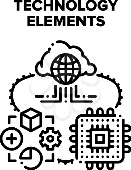 Technology Elements Vector Icon Concept. Microchip Processor Computer Part And Software Developing Occupation, Cloud Storage Digital Service, Technology Elements Black Illustration