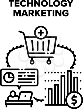 Technology Marketing Vector Icon Concept. Technology Marketing For Advertising Purchase Goods In Internet Store And Manager Working For Growth Selling. E-commerce Black Illustration
