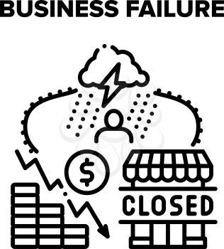 Business Failure Vector Icon Concept. Business Failure Company Problem, Falling Financial Income And Increasing Expense. Closed Store And Bankruptcy. Stressed Businessman Black Illustration