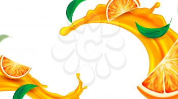 Orange Juice Splash And Mint Copy Space Vector. Refresh Natural Orange Drink With Tasty Spice Green Leaves. Fresh Citrus Tropical Vitamin Beverage Template Realistic 3d Illustration