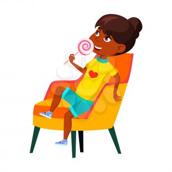 School Girl Child Eating Lollipop Candy Vector. African Schoolgirl Sitting On Armchair And Enjoying Lollypop Candy On Stick. Character Eat Delicious Sweet Food Flat Cartoon Illustration