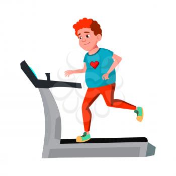 Fat Boy Teen Running On Treadmill In Gym Vector. Smiling Thick Teenager Running And Exercising On Sport Equipment. Character Sportsman Training Sportive Active Time Flat Cartoon Illustration